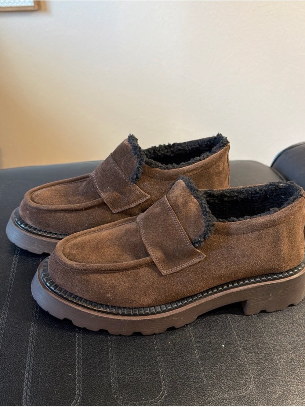 Brown Suede Fuzzy-Lined Platform Loafers